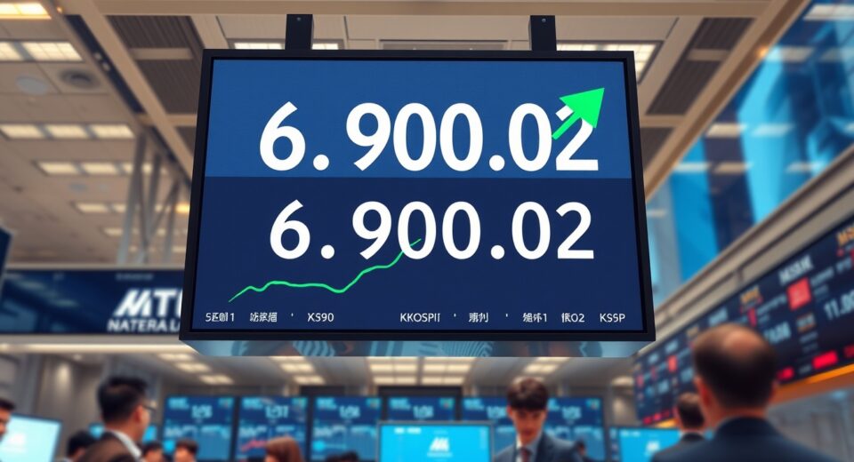 KOSPI breaks 6,900 all-time high displayed on a Seoul trading floor screen, marking a historic market milestone
