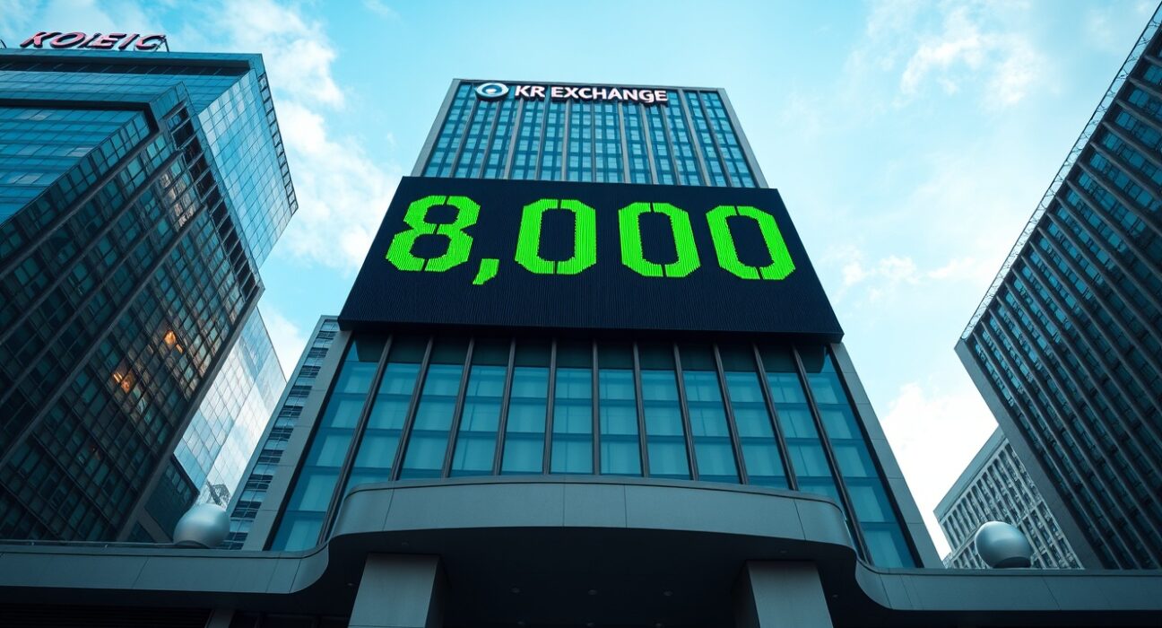 Korea Exchange building in Seoul with digital display showing KOSPI index at 8,000