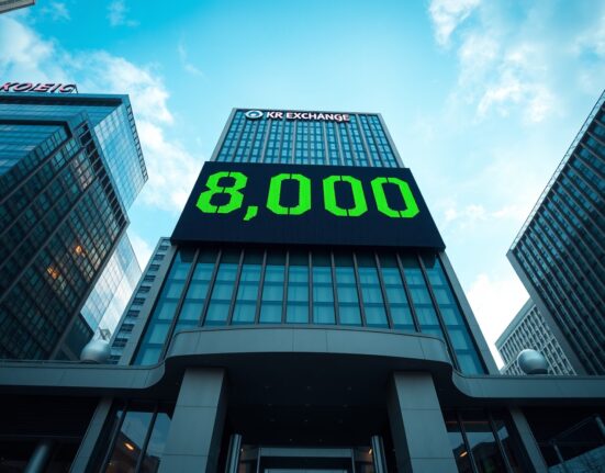 Korea Exchange building in Seoul with digital display showing KOSPI index at 8,000