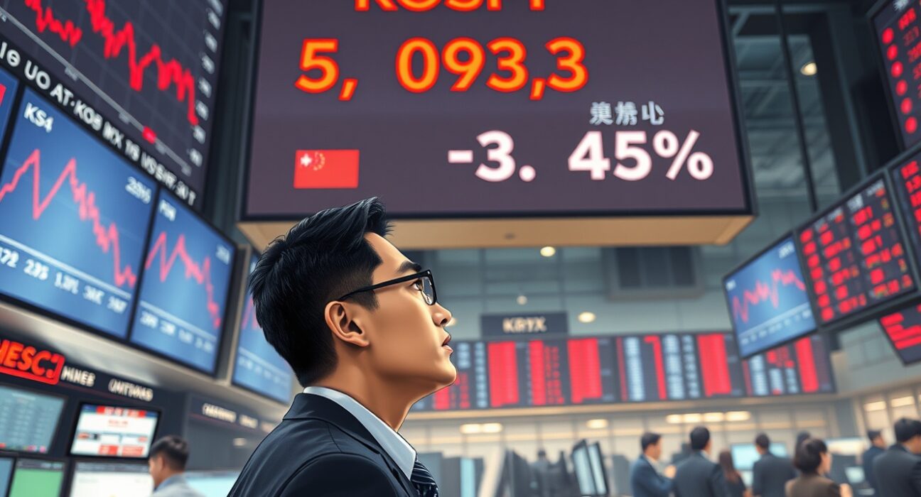 Trader at Korea Exchange monitors KOSPI stock market decline showing 3.47% drop below 5100 points.
