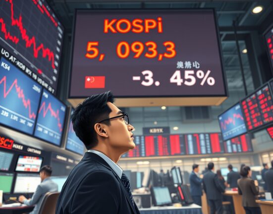 Trader at Korea Exchange monitors KOSPI stock market decline showing 3.47% drop below 5100 points.