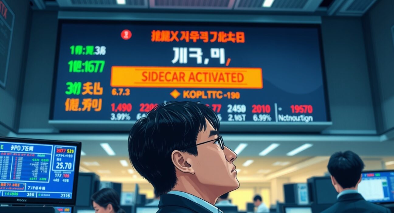 Korea Exchange trading floor with KOSPI buy-side sidecar activation displayed on the main ticker board.