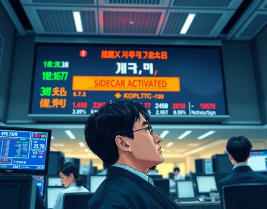Korea Exchange trading floor with KOSPI buy-side sidecar activation displayed on the main ticker board.