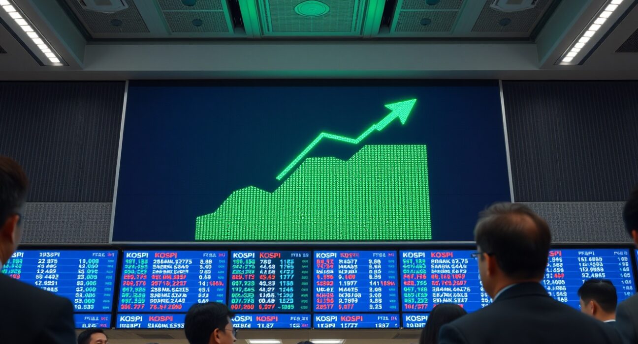 KOSPI index display showing green surge on Seoul trading floor