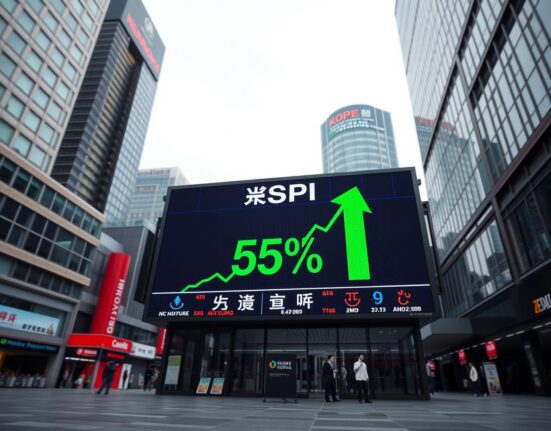 KOSPI index display showing green surge on Seoul trading floor