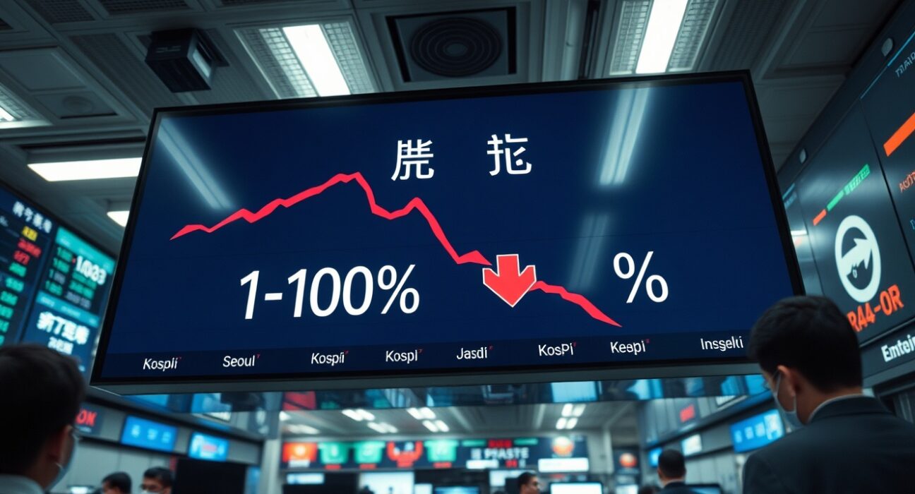 Kospi index board showing a 10% decline on a Seoul trading floor.