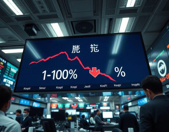 Kospi index board showing a 10% decline on a Seoul trading floor.