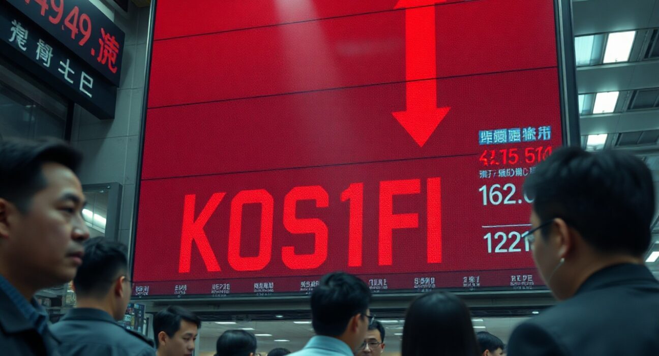 KOSPI stock market board showing a sharp decline in Seoul