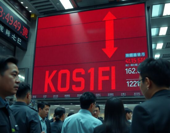 KOSPI stock market board showing a sharp decline in Seoul