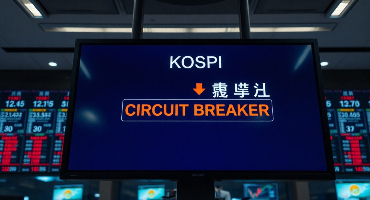KOSPI index display showing circuit breaker triggered with red downward arrow and trading halt notice