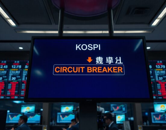 KOSPI index display showing circuit breaker triggered with red downward arrow and trading halt notice