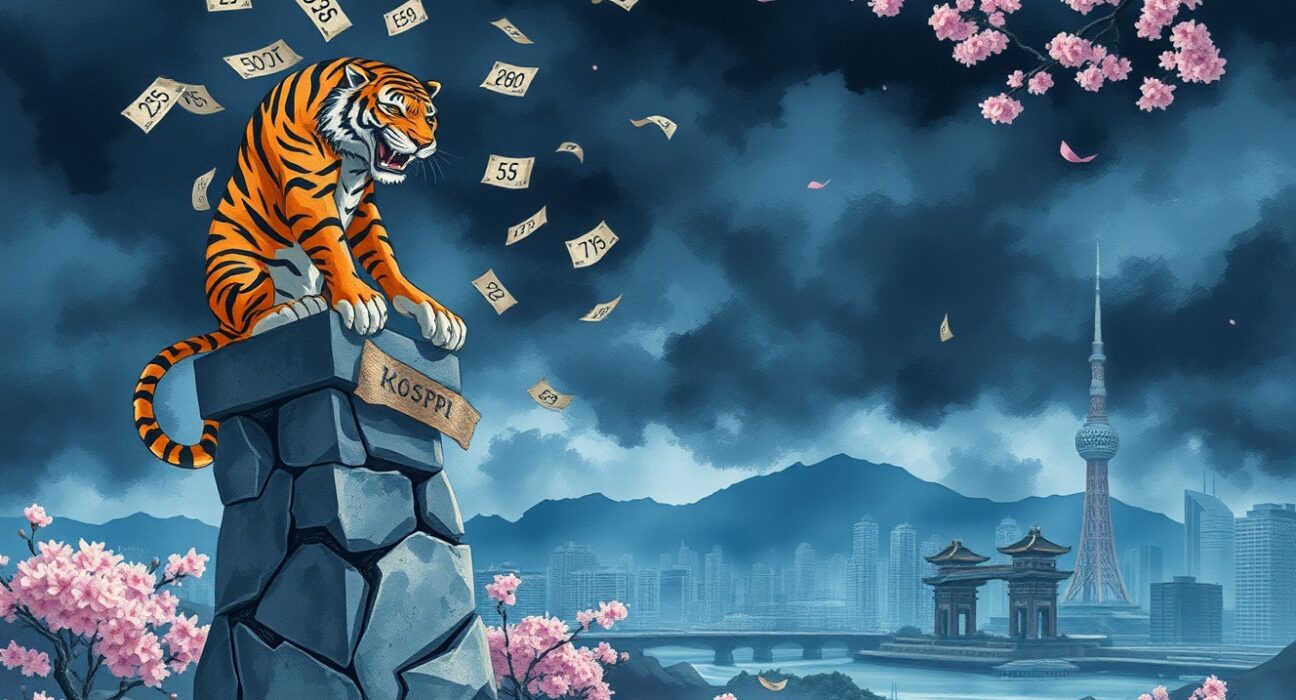 KOSPI index crashing below 5200 points symbolized by a distressed tiger in a stormy Seoul.