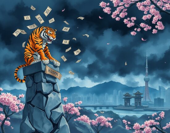 KOSPI index crashing below 5200 points symbolized by a distressed tiger in a stormy Seoul.
