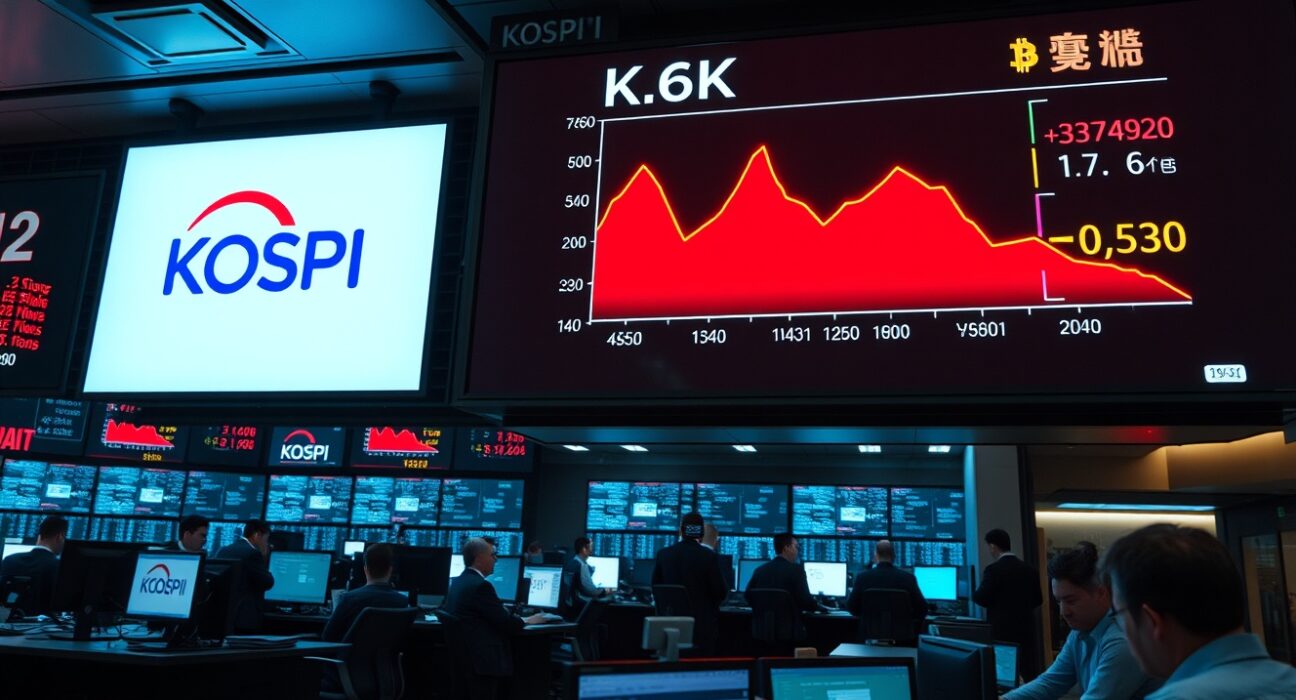 Trading floor with KOSPI and Bitcoin charts showing sharp declines