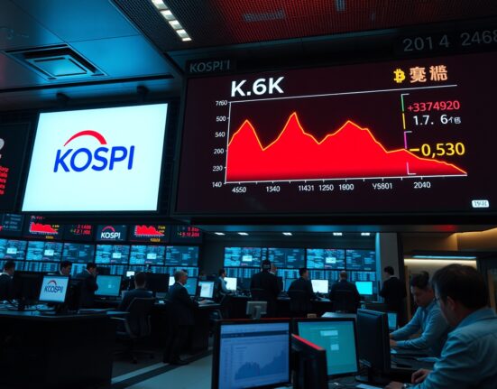 Trading floor with KOSPI and Bitcoin charts showing sharp declines