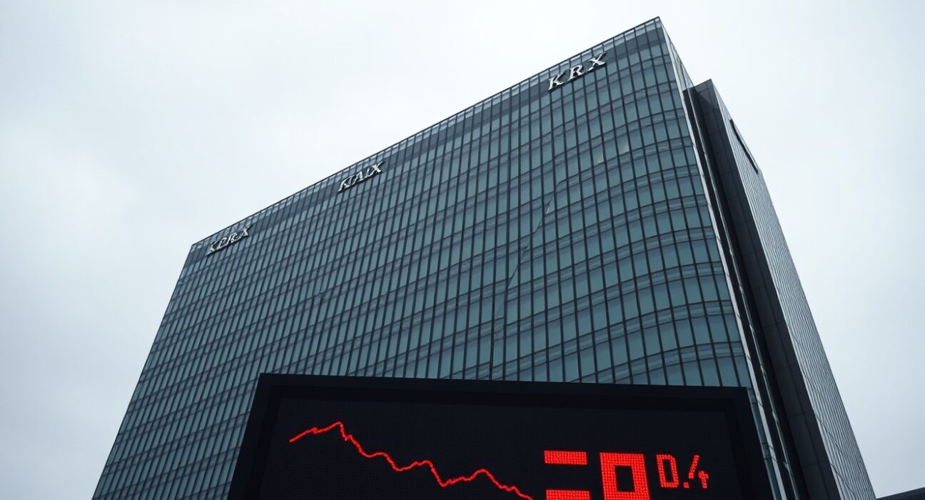Korea Exchange building in Busan with electronic ticker showing red numbers and downward trend.
