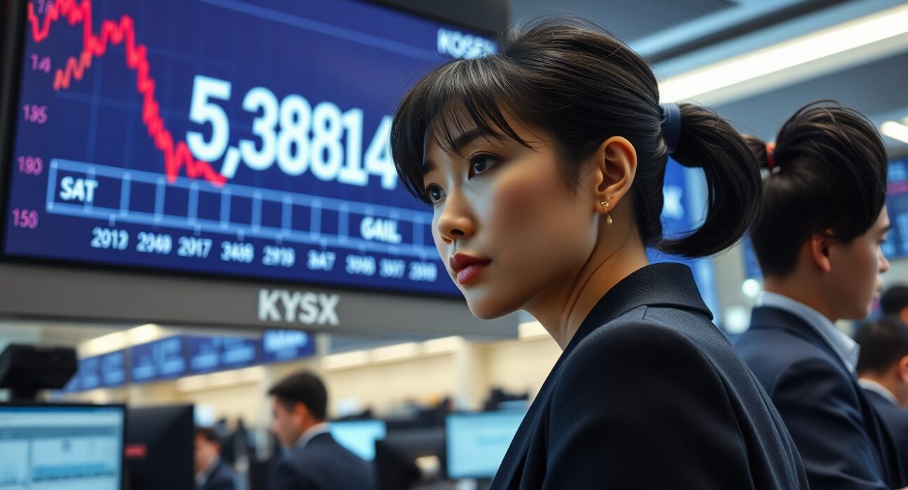 Trader reacts as KOSPI index falls following Trump's address on Korea Exchange trading floor.