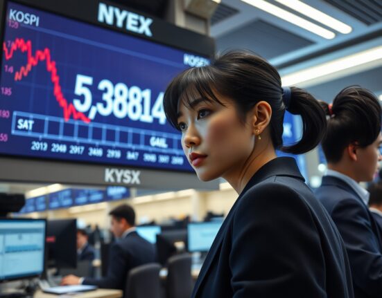 Trader reacts as KOSPI index falls following Trump's address on Korea Exchange trading floor.