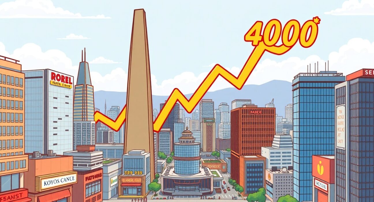 A vibrant cartoon shows the KOSPI index breaking through a 4000 barrier, symbolizing South Korea's market achieving an all-time high.