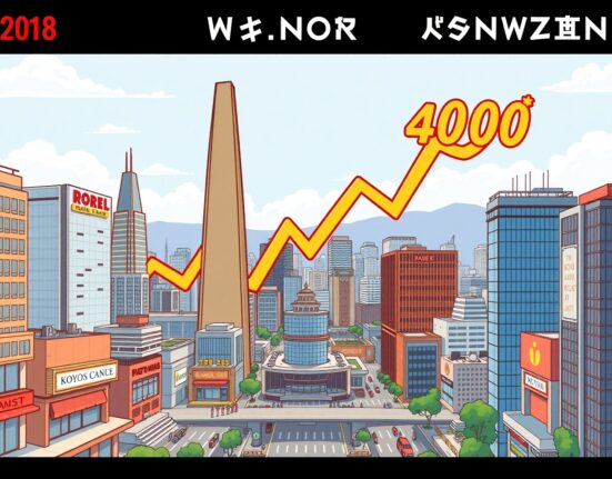 A vibrant cartoon shows the KOSPI index breaking through a 4000 barrier, symbolizing South Korea's market achieving an all-time high.