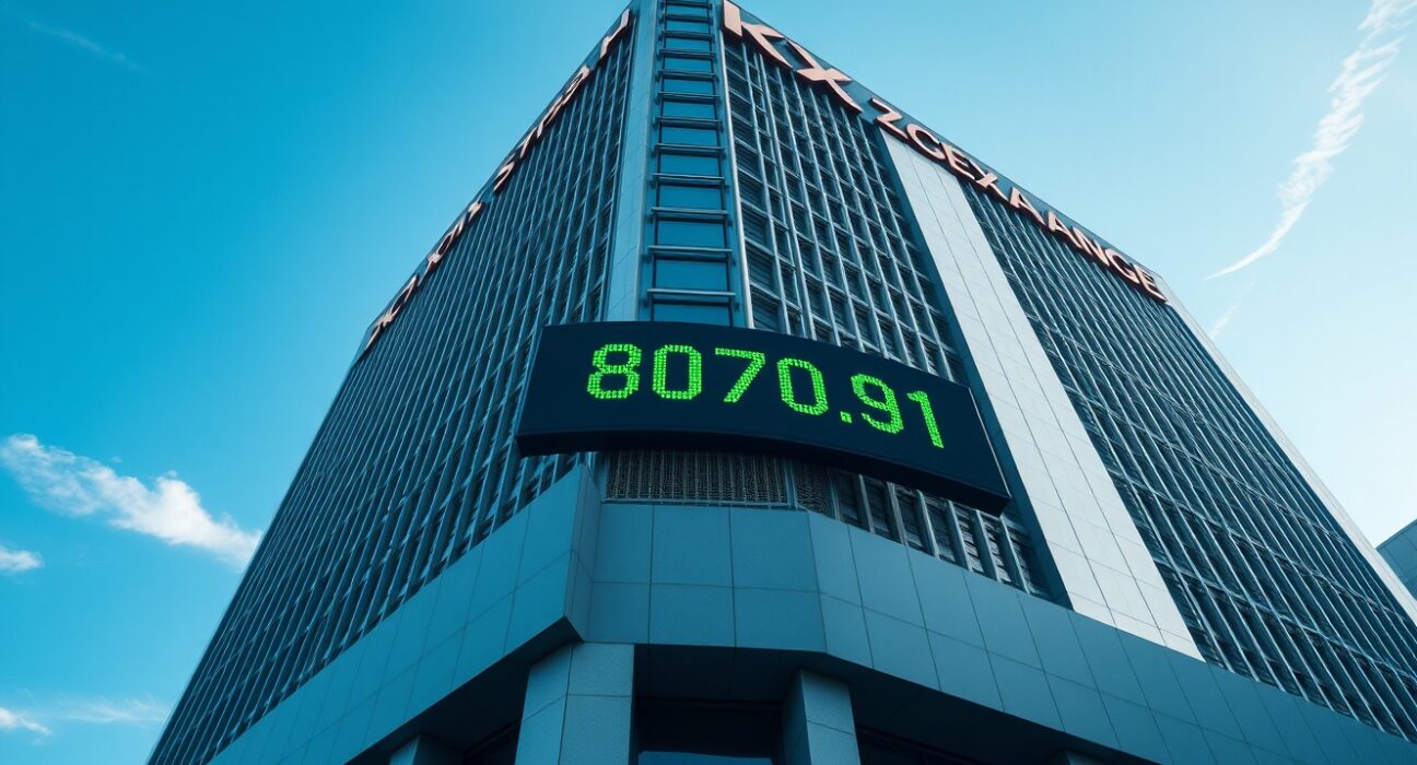 Korea Exchange building in Busan with electronic ticker showing KOSPI 8070.91