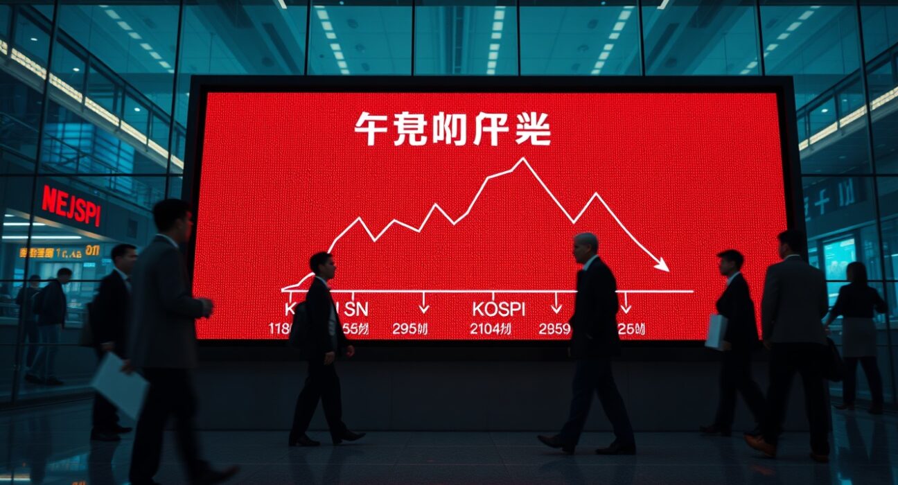 Electronic stock board in Seoul showing KOSPI index with an 8% drop, triggering a circuit breaker halt.