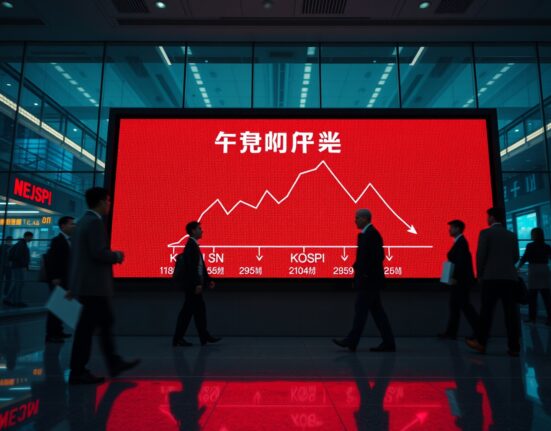 Electronic stock board in Seoul showing KOSPI index with an 8% drop, triggering a circuit breaker halt.