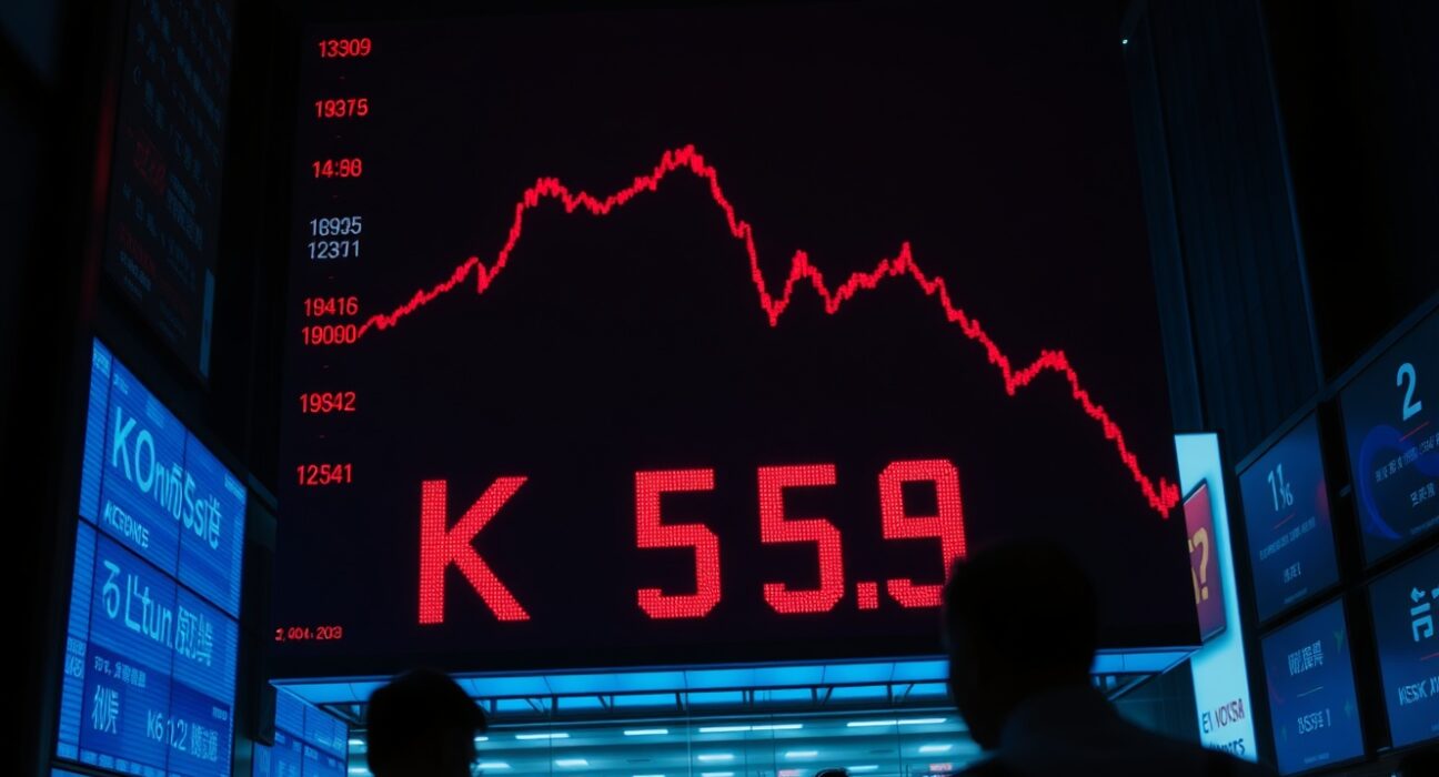 Electronic stock board showing KOSPI index dropping sharply in red, with traders in background