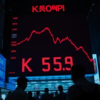 Electronic stock board showing KOSPI index dropping sharply in red, with traders in background