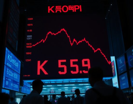 Electronic stock board showing KOSPI index dropping sharply in red, with traders in background
