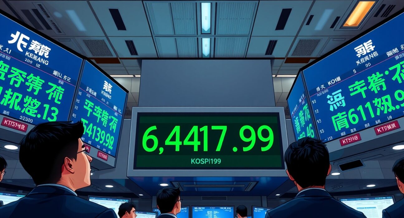 KOSPI index reaches historic high of 6,417.93 at Korea Exchange trading floor