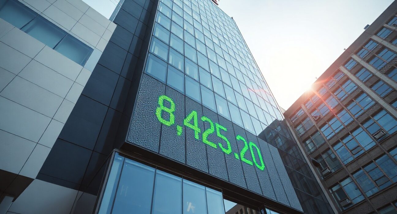 Korea Exchange building in Seoul with KOSPI index at 8,425.20 record high on digital ticker