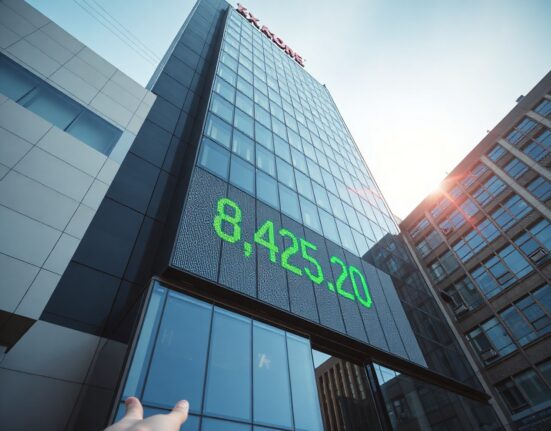 Korea Exchange building in Seoul with KOSPI index at 8,425.20 record high on digital ticker