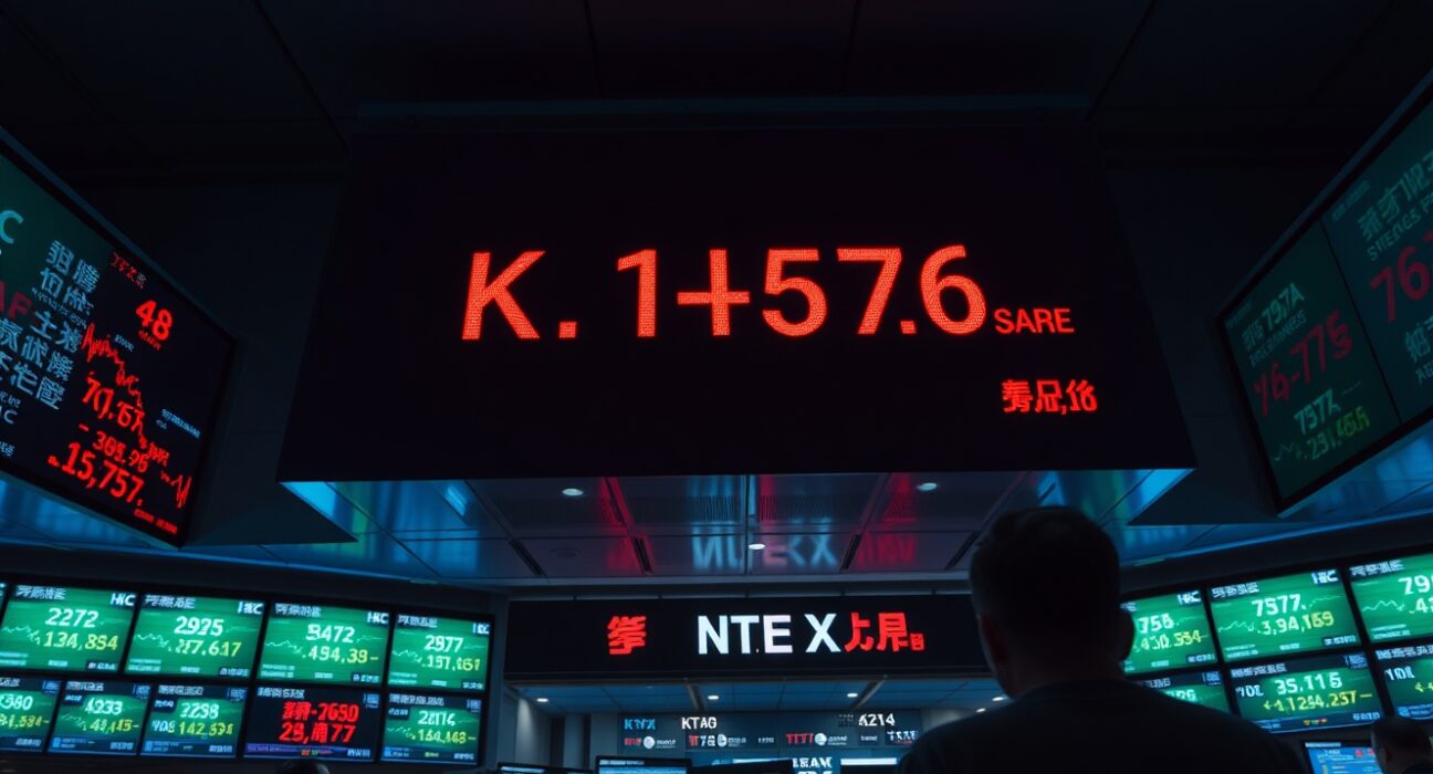 Korea Exchange trading floor with Kospi index shown in red on a large electronic board during a market decline.
