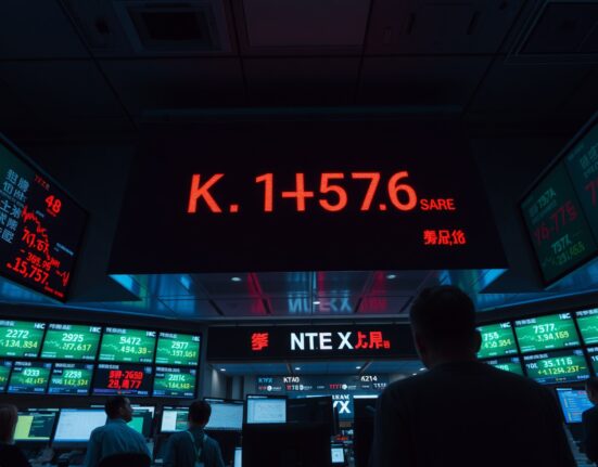 Korea Exchange trading floor with Kospi index shown in red on a large electronic board during a market decline.