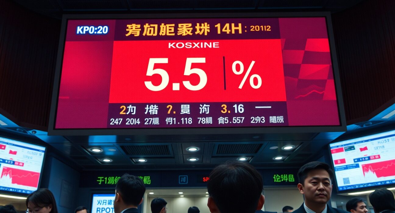 Korea Exchange trading floor with Kospi index showing a 5% decline on electronic board.