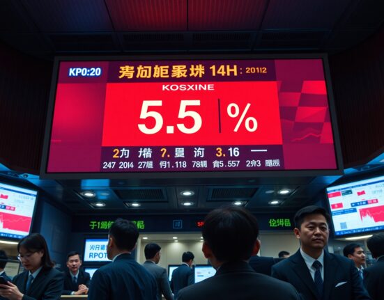 Korea Exchange trading floor with Kospi index showing a 5% decline on electronic board.