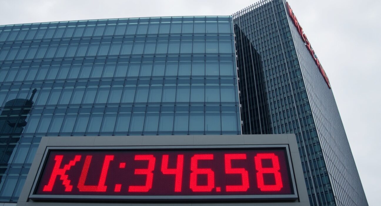 Korea Exchange headquarters with electronic ticker showing market decline