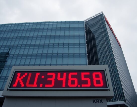 Korea Exchange headquarters with electronic ticker showing market decline