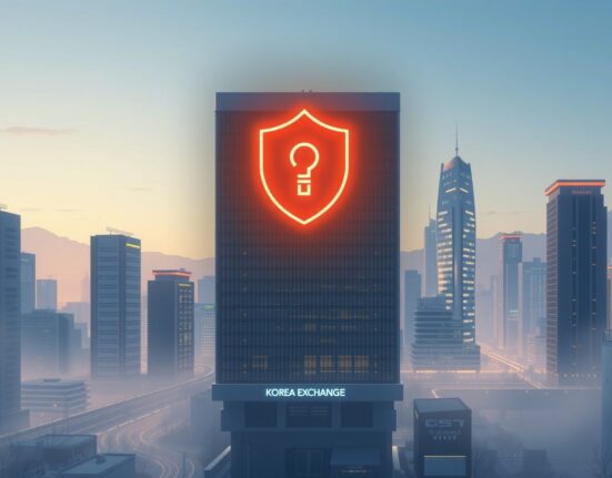 Illustration of the Korea Exchange activating a KOSPI sell-side sidecar circuit breaker mechanism.