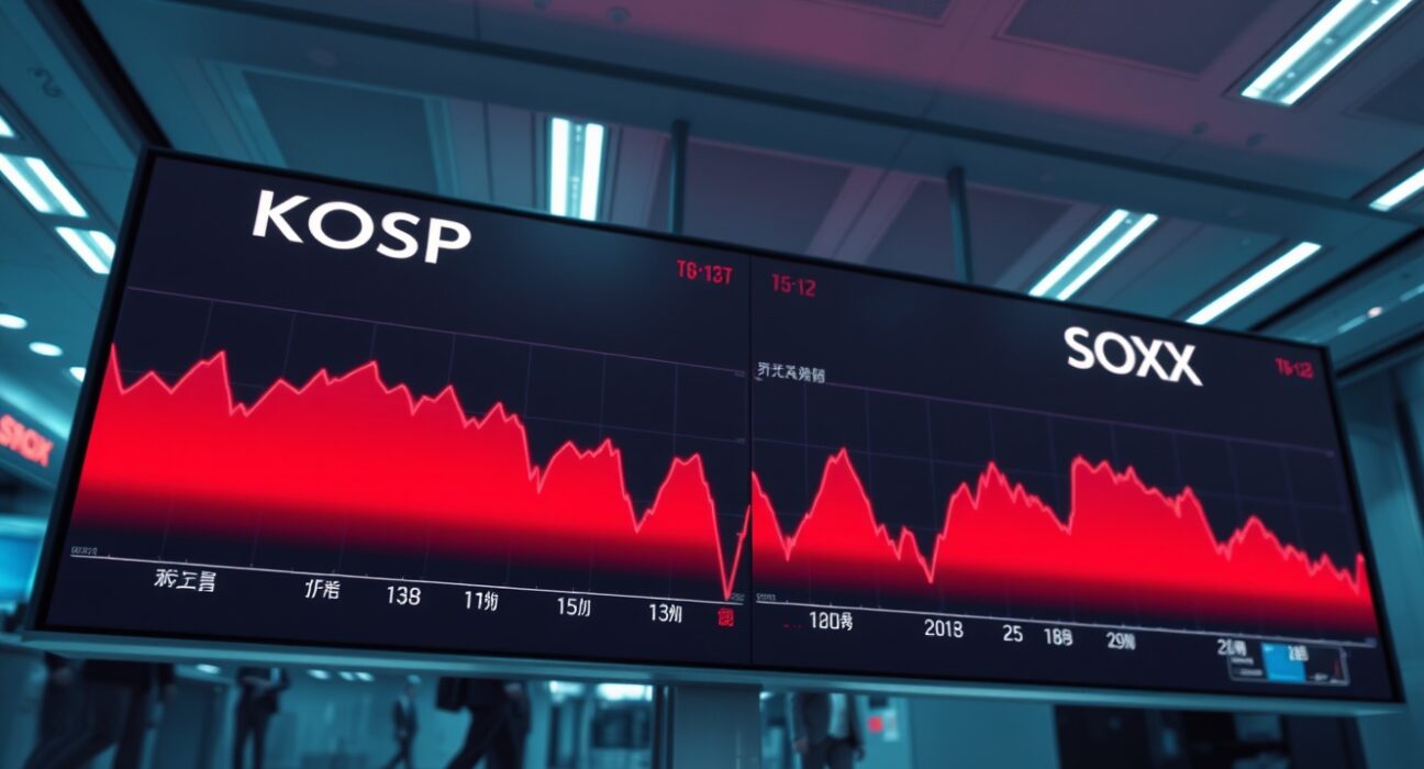 Stock market board showing red downward-trending charts for KOSPI and SOXX indices in a modern financial district office.