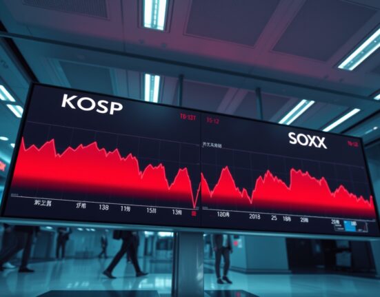 Stock market board showing red downward-trending charts for KOSPI and SOXX indices in a modern financial district office.