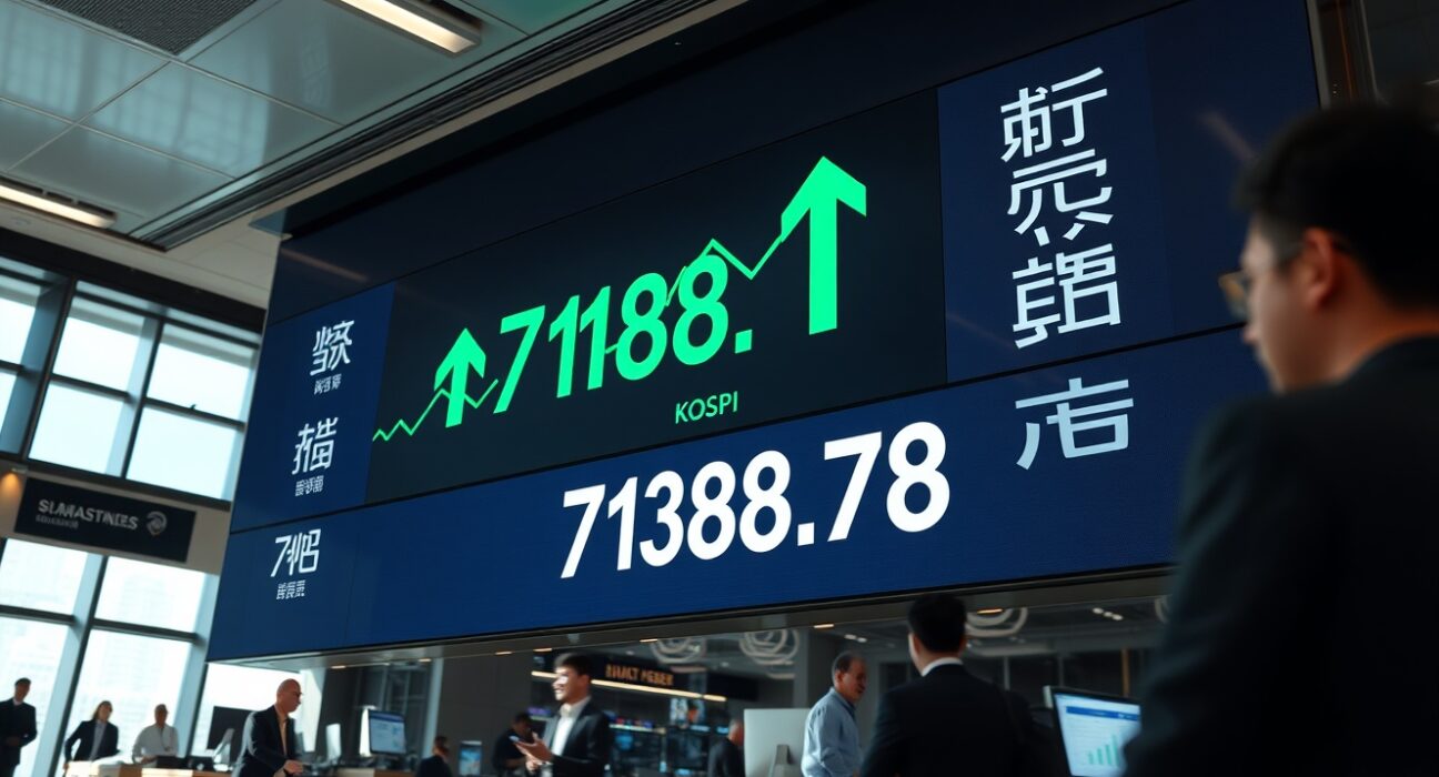 KOSPI index display showing a sharp rally above 7000 points on a Seoul trading floor.