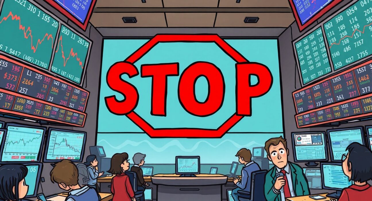 A cartoon illustration showing a KOSPI trading curb being activated to manage market volatility on the Korea Exchange.