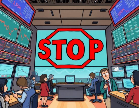 A cartoon illustration showing a KOSPI trading curb being activated to manage market volatility on the Korea Exchange.