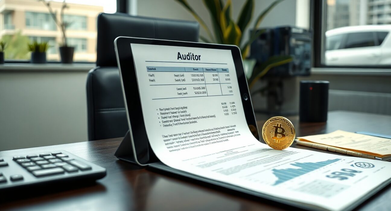Financial audit report with gold bar and cryptocurrency on desk, symbolizing Tether's audited reserves