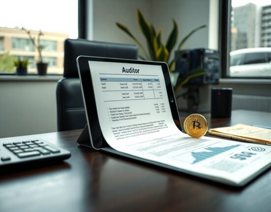 Financial audit report with gold bar and cryptocurrency on desk, symbolizing Tether's audited reserves