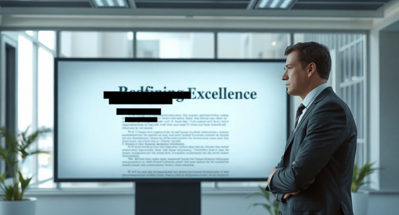 A professional office setting with a blurred digital report on screen, indicating a retracted AI-related document.