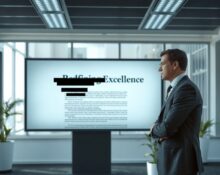 A professional office setting with a blurred digital report on screen, indicating a retracted AI-related document.