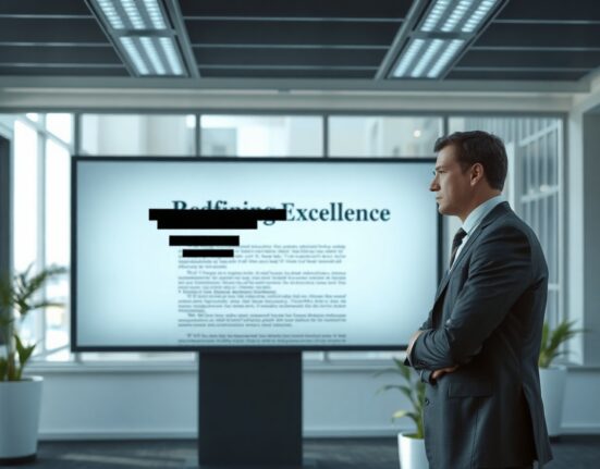 A professional office setting with a blurred digital report on screen, indicating a retracted AI-related document.